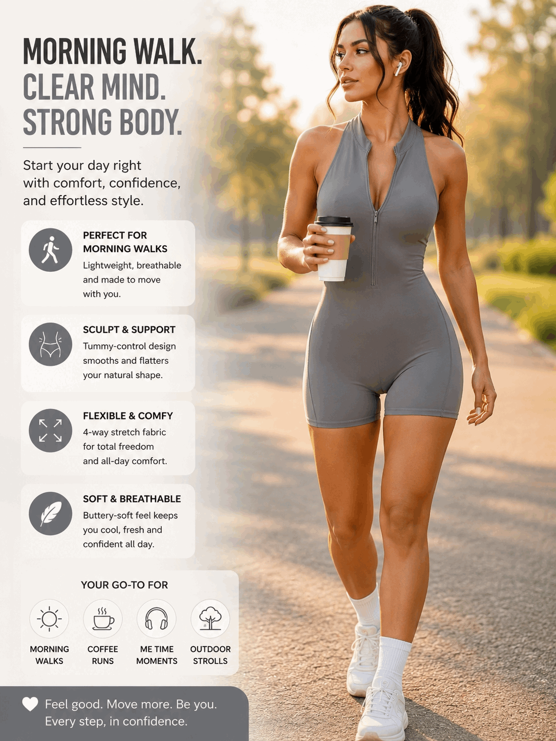Woman in gray shapewear romper walking outdoors with coffee, perfect for morning walks and comfort.