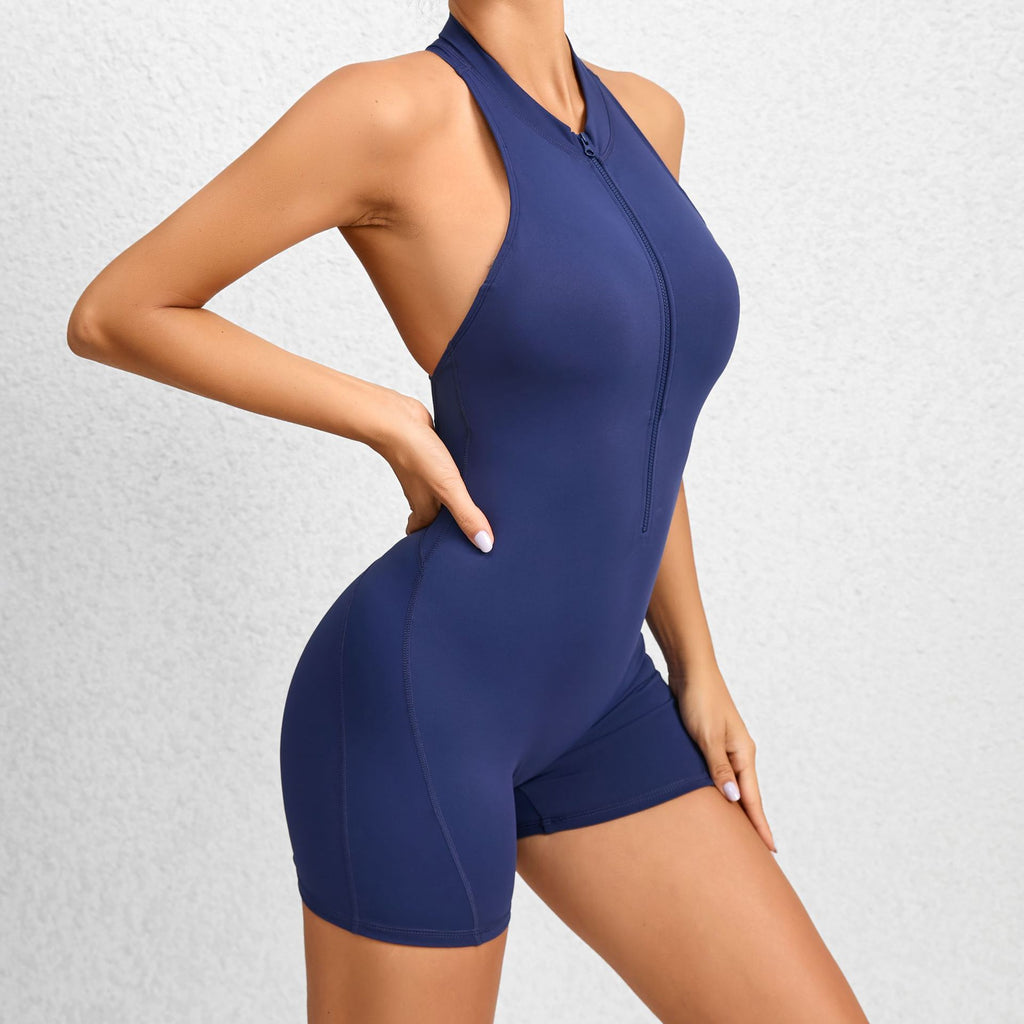 laylace _ Navy blue zip-front shapewear romper with high neckline and shorts for women’s wellness and confidence