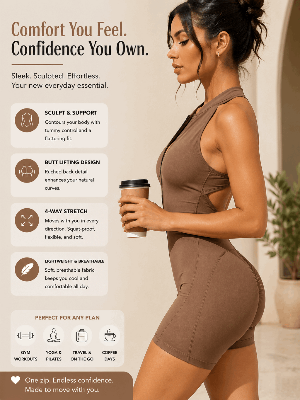 Woman in laylce _brown sculpting shapewear holding coffee, featuring butt-lifting design and 4-way stretch for comfort and confidence.