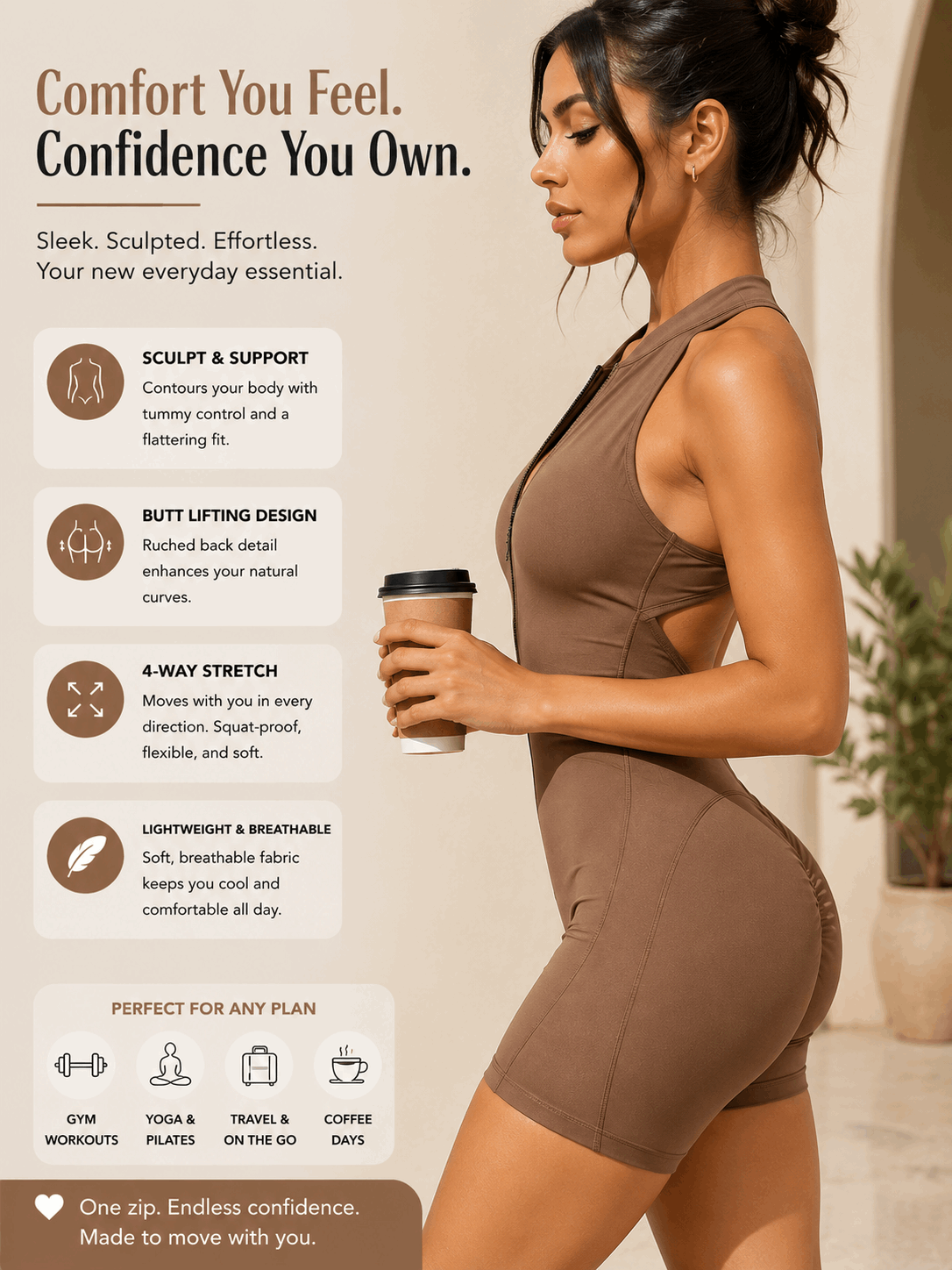 Woman in laylce _brown sculpting shapewear holding coffee, featuring butt-lifting design and 4-way stretch for comfort and confidence.