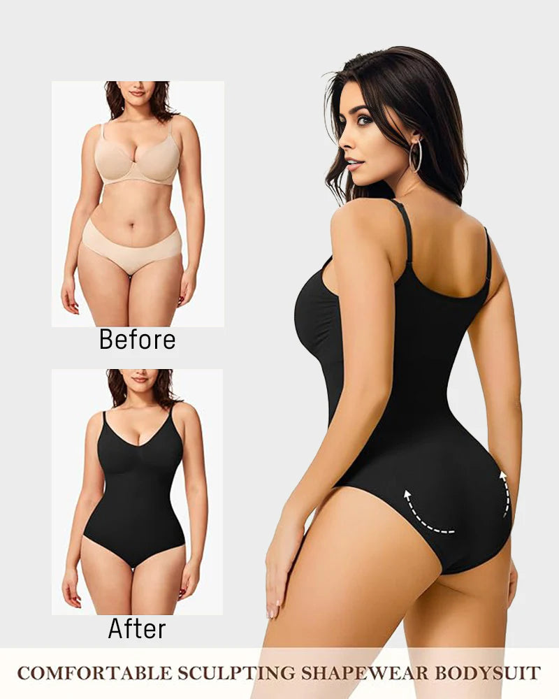 Before and after comparison of a woman wearing a black sculpting shapewear bodysuit.