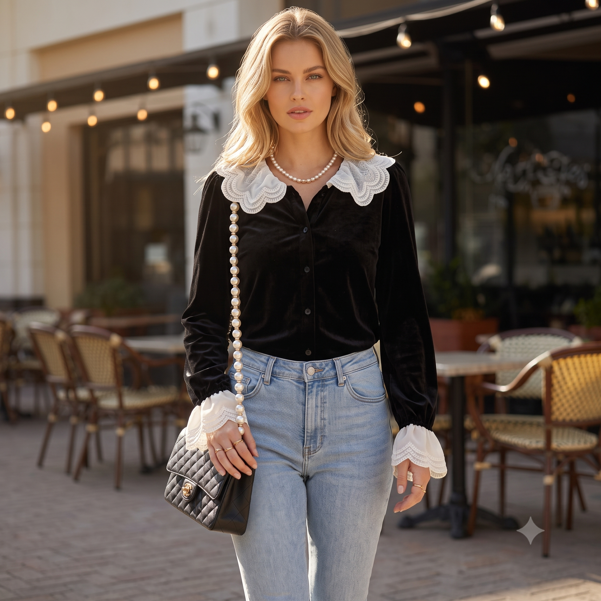 Woman modeling the Laylace black velvet button-down blouse featuring a double-layered white lace doll collar