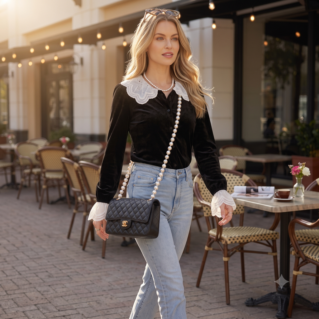 Laylace vintage black velvet shirt with white lace Peter Pan collar and ruffled cuffs worn by a woman walking.
