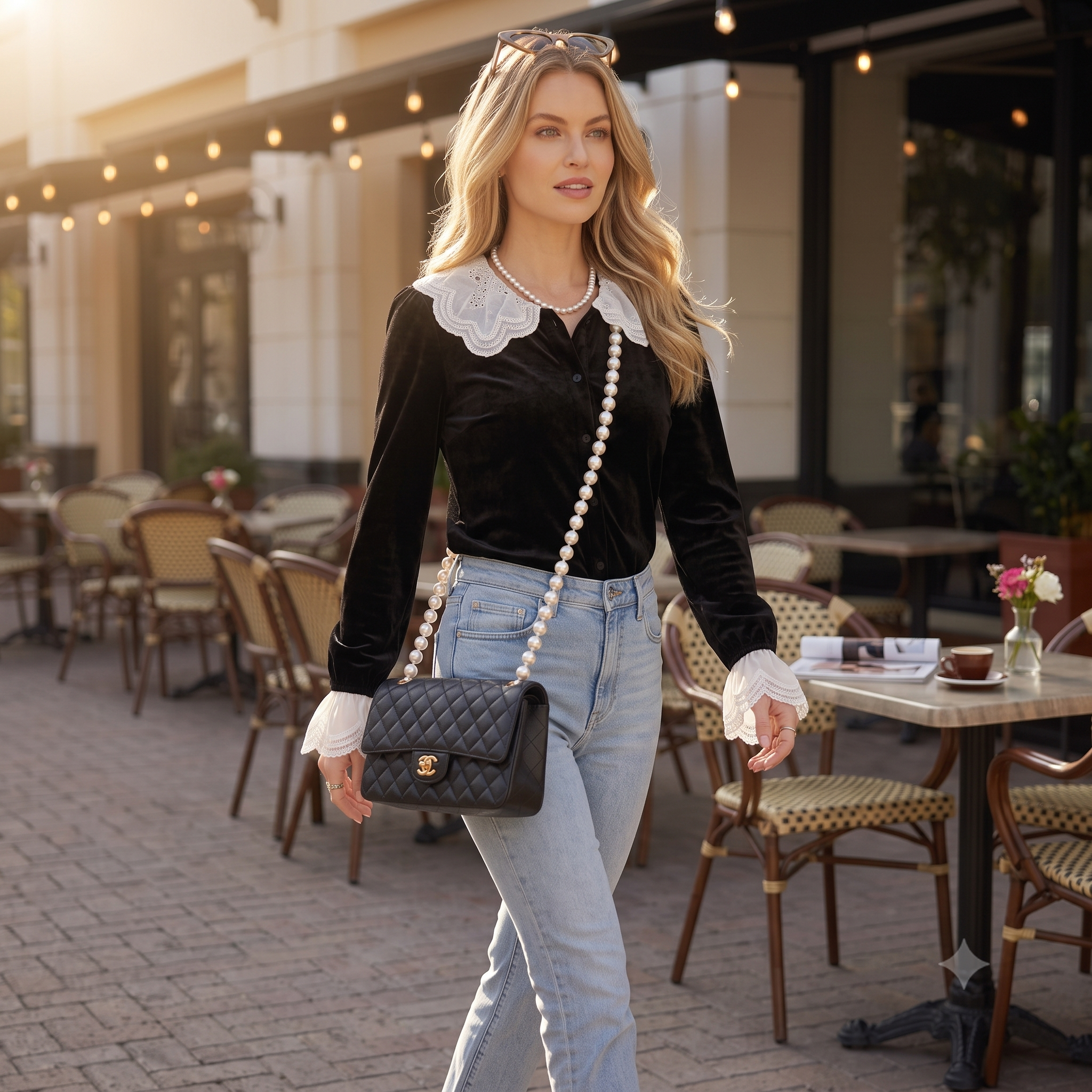 Laylace vintage black velvet shirt with white lace Peter Pan collar and ruffled cuffs worn by a woman walking.
