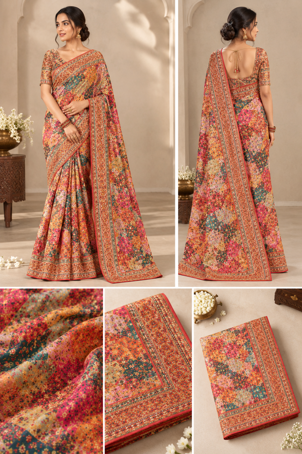 Multicolor Floral Digital Print Silk Blend Saree with Designer Border & Unstitched Blouse