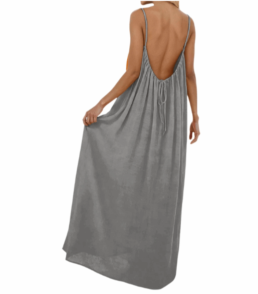 Backless Cami Maxi Dress for Vacation & Honeymoon - Greay Colour back side view