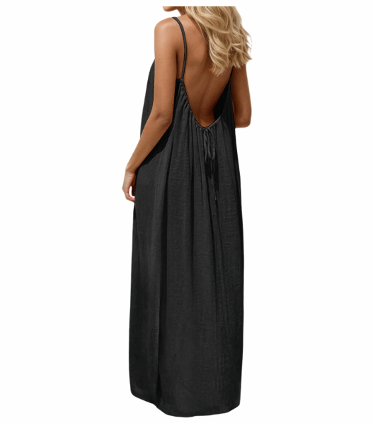Backless Cami Maxi Dress for Vacation & Honeymoon - Black Back side View