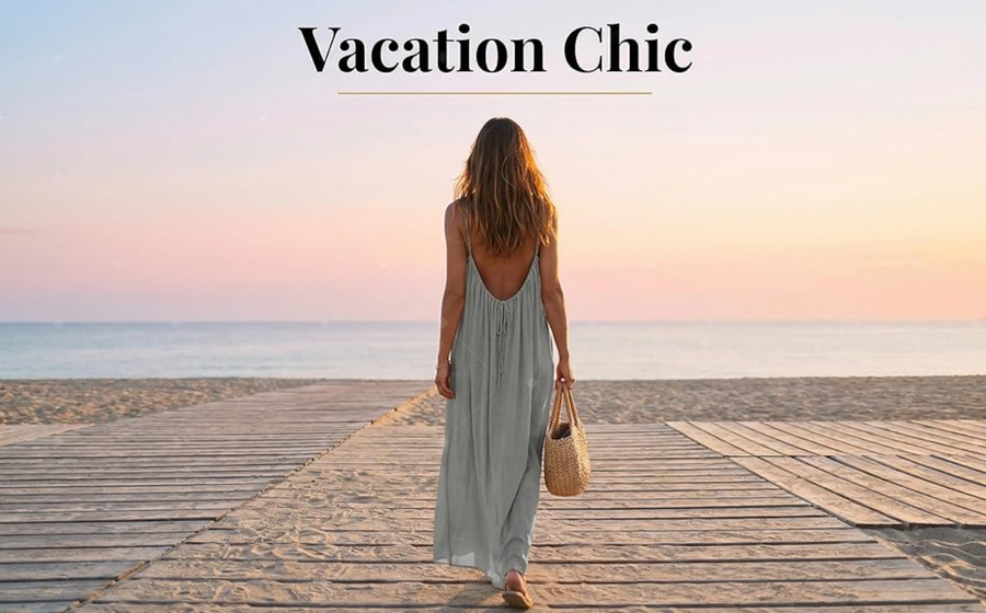 Woman in backless beach dress on a Sexy vacation dress
