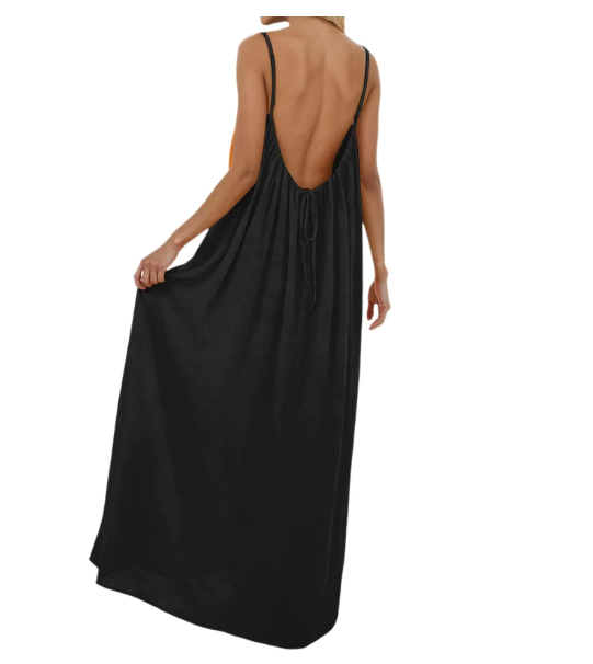 Backless Cami Maxi Dress for Vacation & Honeymoon - Black Backside View
