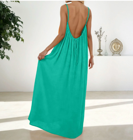 Backless Cami Maxi Dress for Vacation & Honeymoon - Green