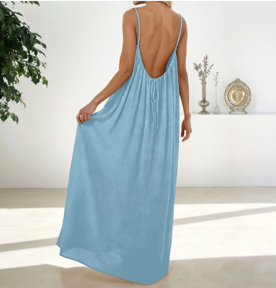 Backless Cami Maxi Dress for Vacation & Honeymoon - Sky Blue Backside view