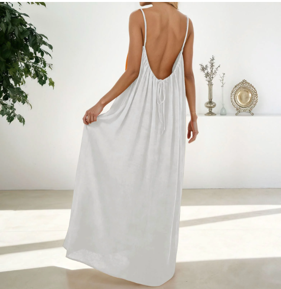 Backless Cami Maxi Dress for Vacation & Honeymoon - White Backside view