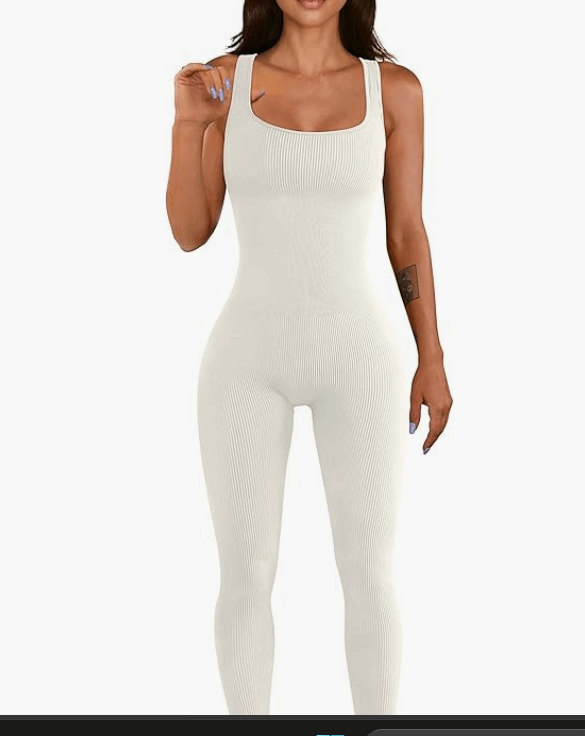 Women Workout Seamless Jumpsuit Yoga Ribbed Bodycon One Piece Tank Top Leggings Romper - Beige