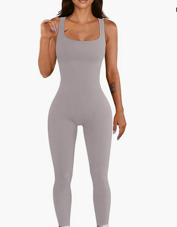 Grey ribbed seamless one-piece workout jumpsuit for women with bodycon tank top fit
