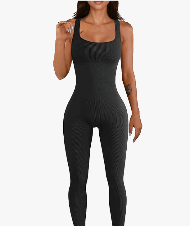 Women Workout Seamless Jumpsuit Yoga Ribbed Bodycon One Piece Tank Top Leggings Romper - Black
