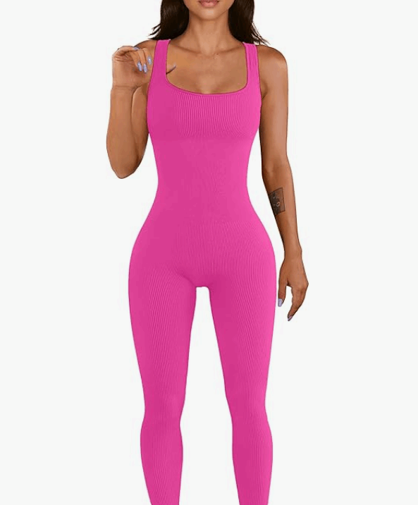 Women Workout Seamless Jumpsuit Yoga Ribbed Bodycon One Piece Tank Top Leggings Romper - pink and Red Rose