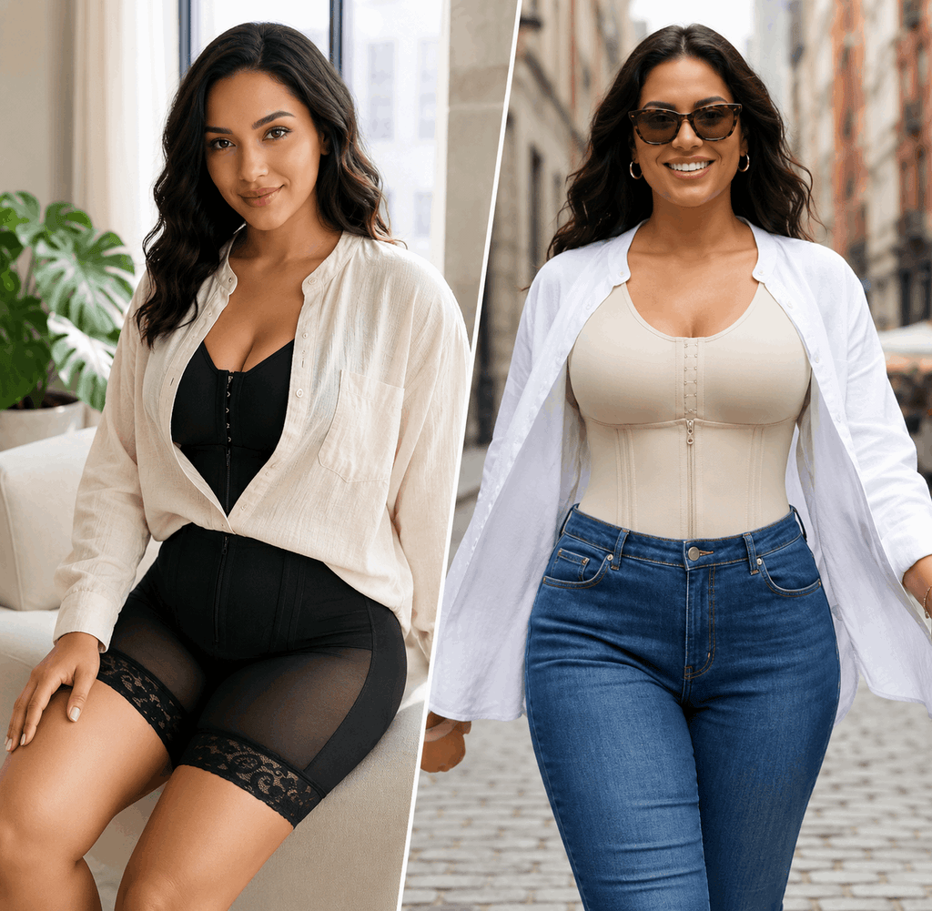 2women_wearing_Colombian_Faja_Shapewear_ black and white for_tummy_contol - and showing Best fit for all day comfort 