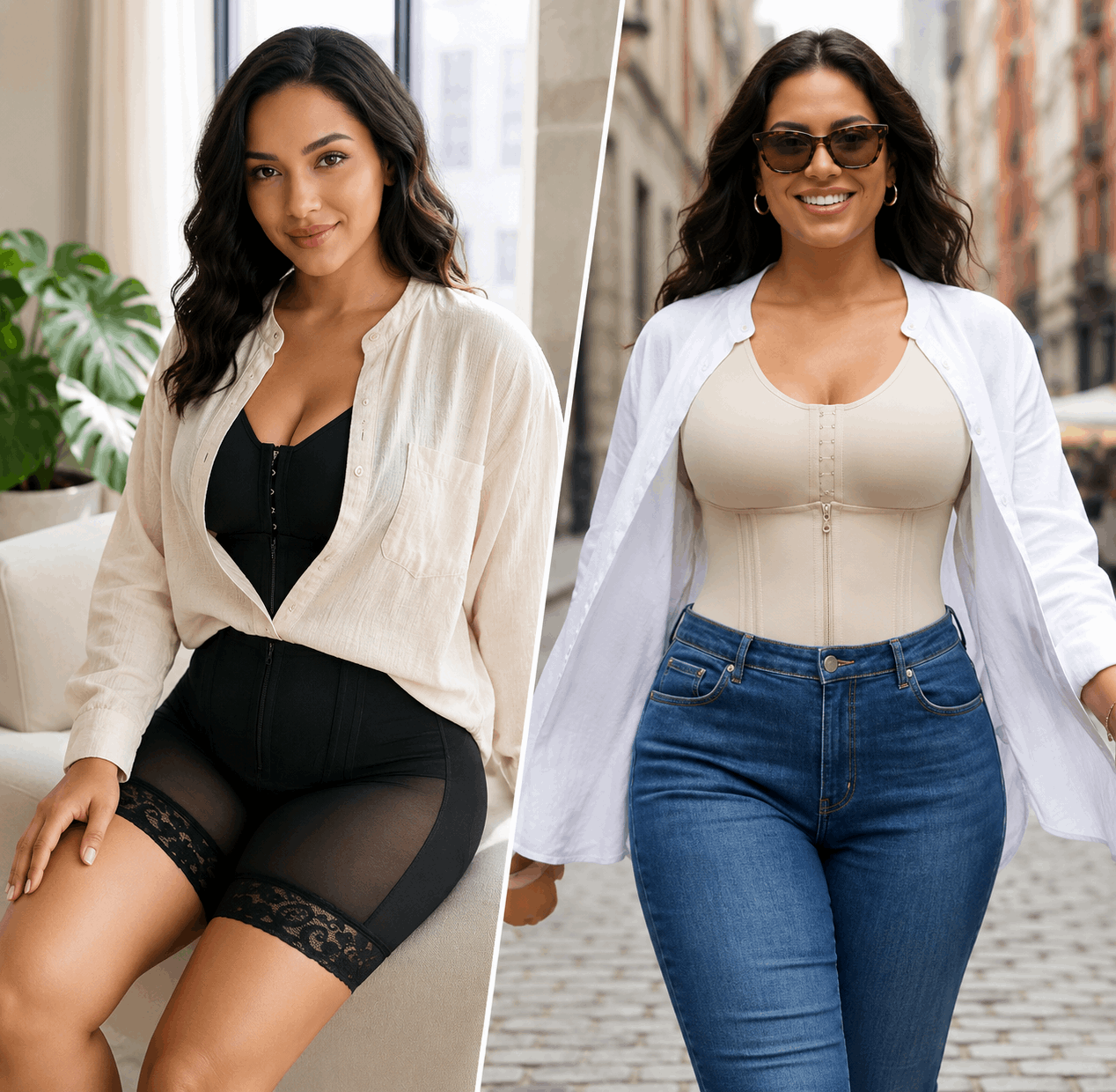 2women_wearing_Colombian_Faja_Shapewear_ black and white for_tummy_contol - and showing Best fit for all day comfort 