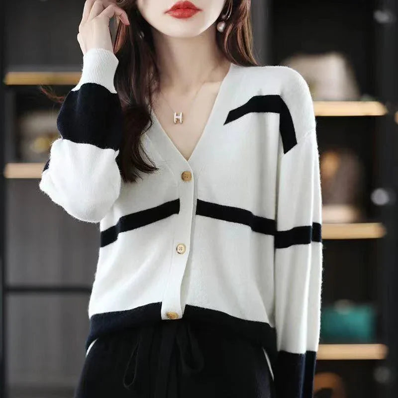 Fashion Striped Button Knitted Cardigan V-neck