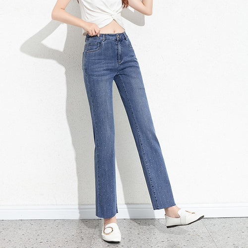 Cigarette-cut Rhinestone-studded Slim Straight-leg Wide-leg Pants - Laylace