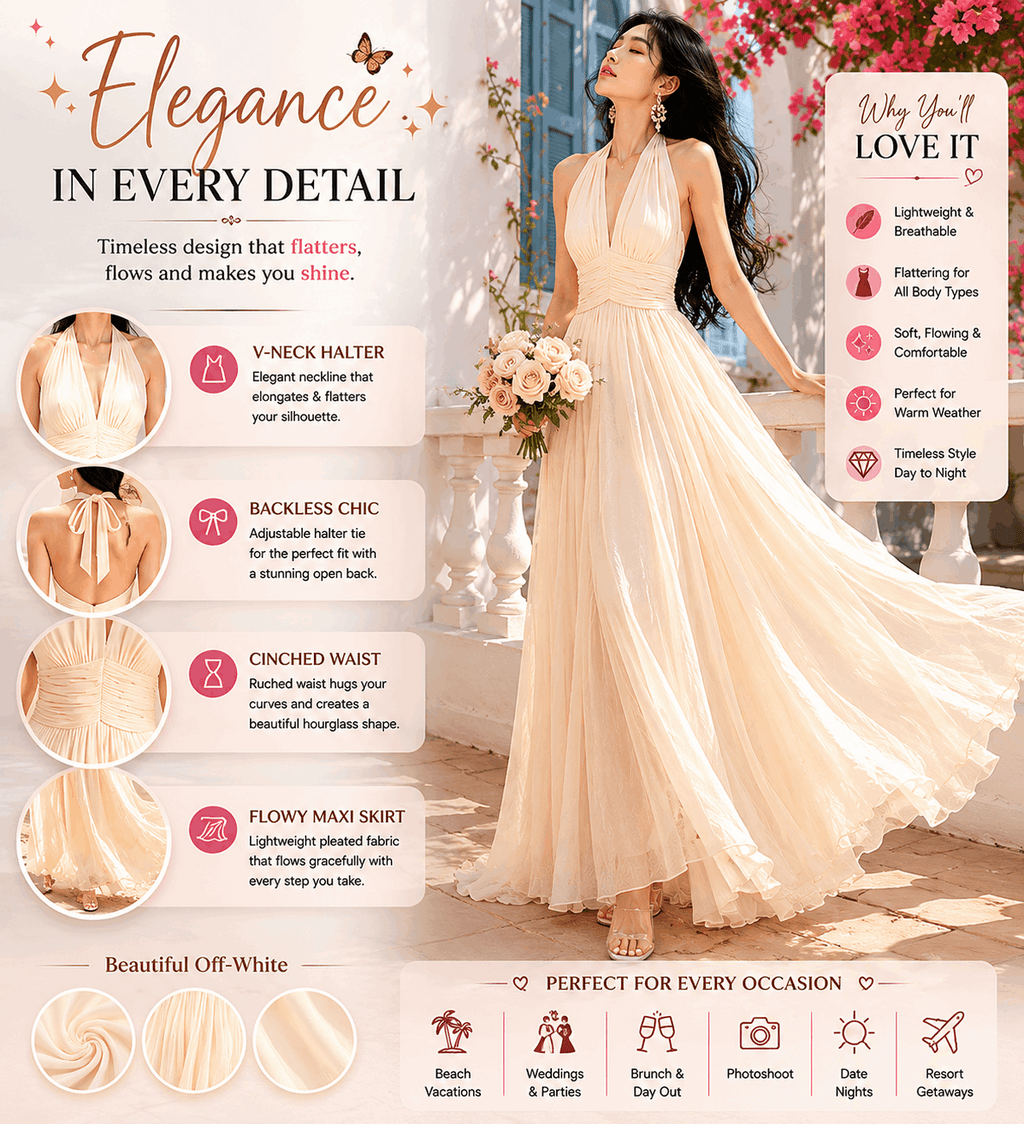 Off-White Halter Maxi Dress for Women – Elegant Sleeveless Backless Summer Dress