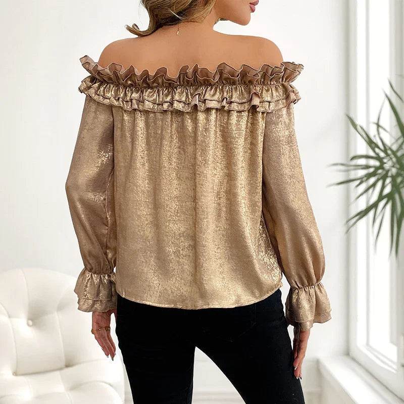 Gold off-shoulder ruffle blouse with long sleeves, elegant women's fashion top for everyday wear