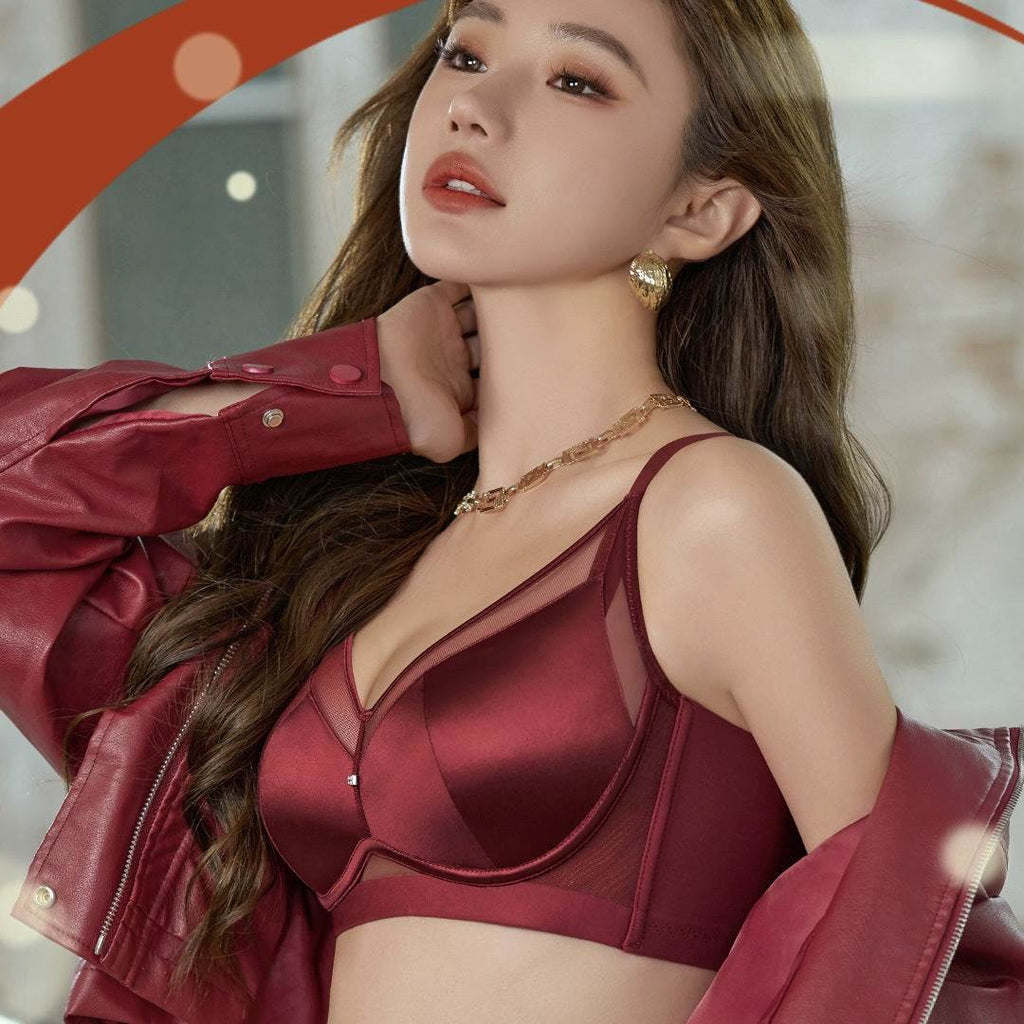 Burgundy satin bra with mesh detailing, styled with matching jacket for elegant everyday wear