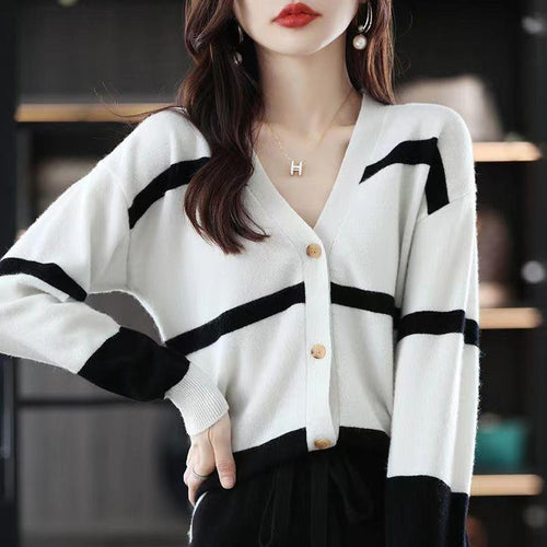 Fashion Striped Button Knitted Cardigan V-neck