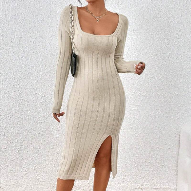 Beige ribbed knit midi dress with side slit, long sleeves, and square neckline for women's elegant everyday wear