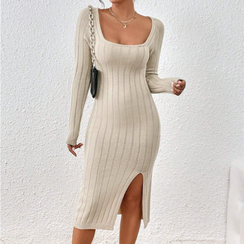 Square Collar Long Sleeve Knitted Dress