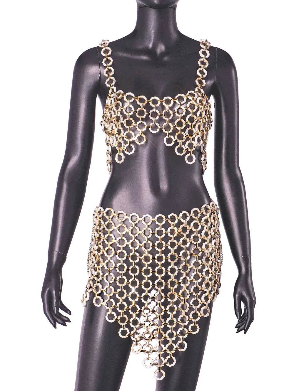 Gold chainmail lingerie set with bra and hip skirt, elegant women's fashion