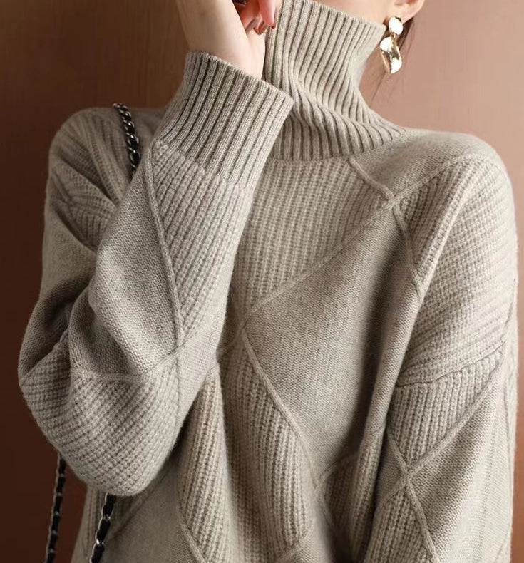 Beige ribbed turtleneck sweater with diamond knit pattern, cozy women's fashion top