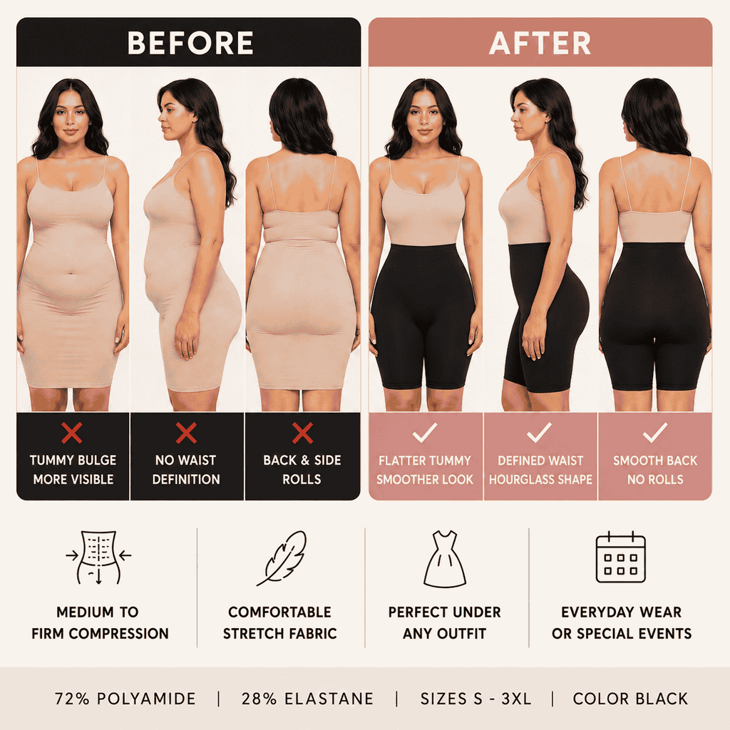 Before and after tummy control shapewear showing cleaner silhouette under clothes