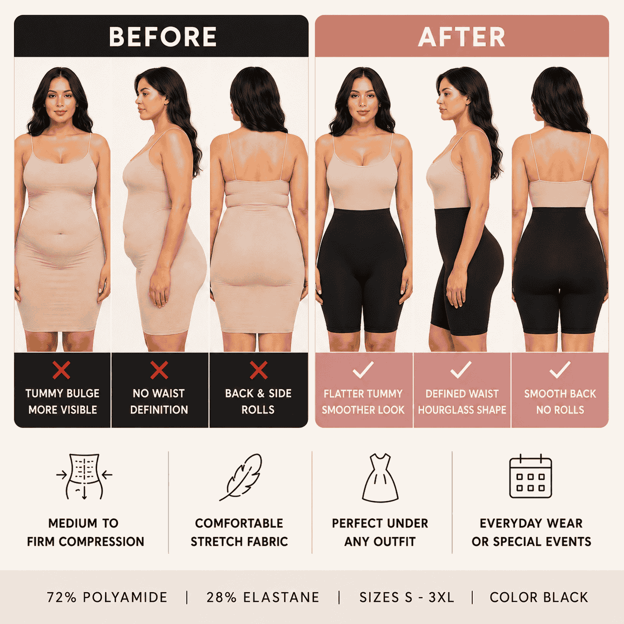 Before and after tummy control shapewear showing cleaner silhouette under clothes