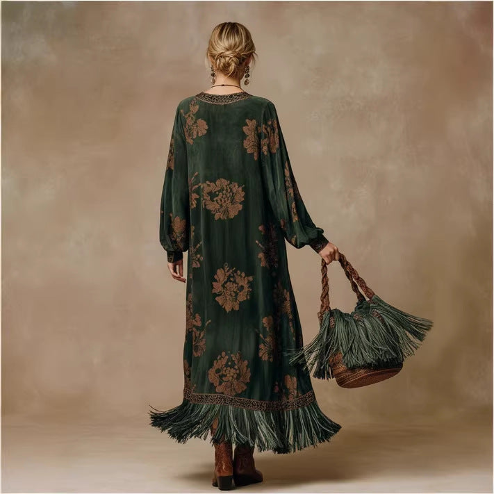 green faux suede boho dress with retro print and relaxed fit