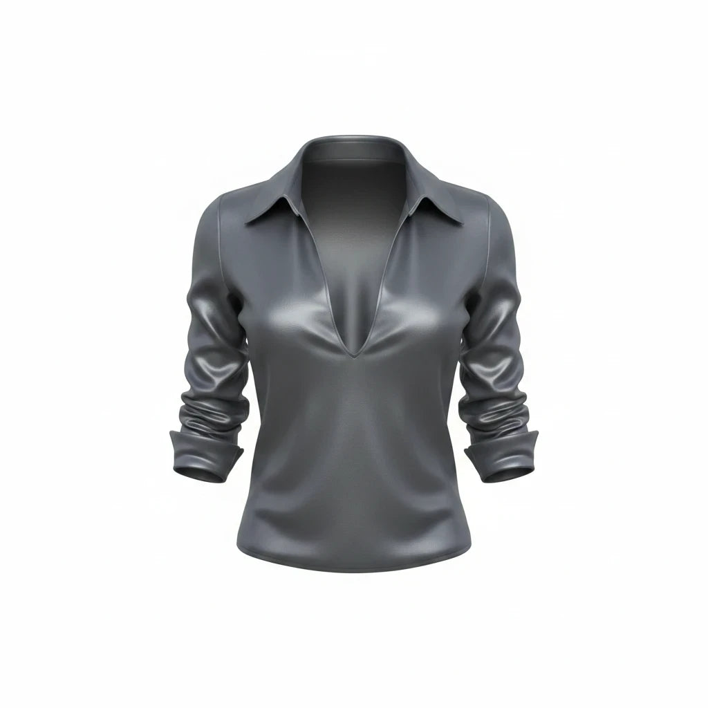 Ladies' Silver Satin V-neck Fashionable Shirt