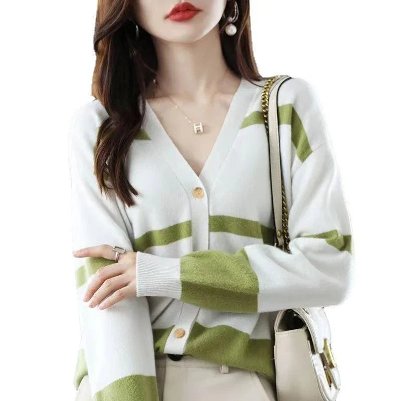 Fashion Striped Button Knitted Cardigan V-neck
