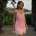 Sexy Tassel Sequins Feather Summer Mini Dress Women V Neck Spaghetti Strap Stitching Dresses Female Elegant Evening Party Club Dress