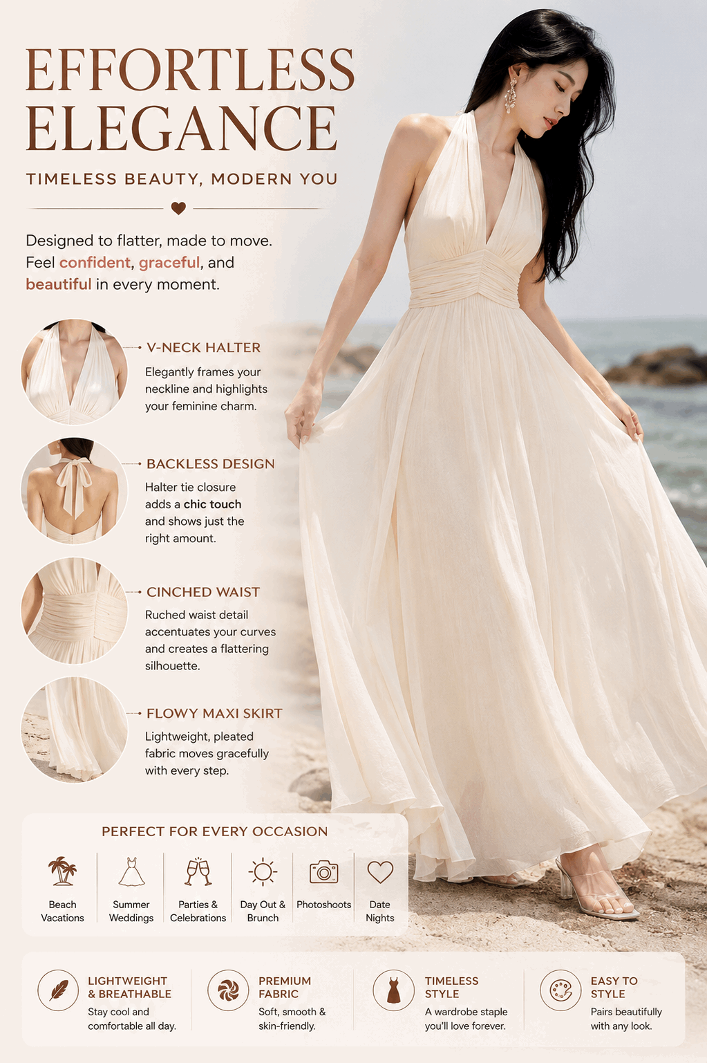 Off-White Halter Maxi Dress for Women – Elegant Sleeveless Backless Summer Dress