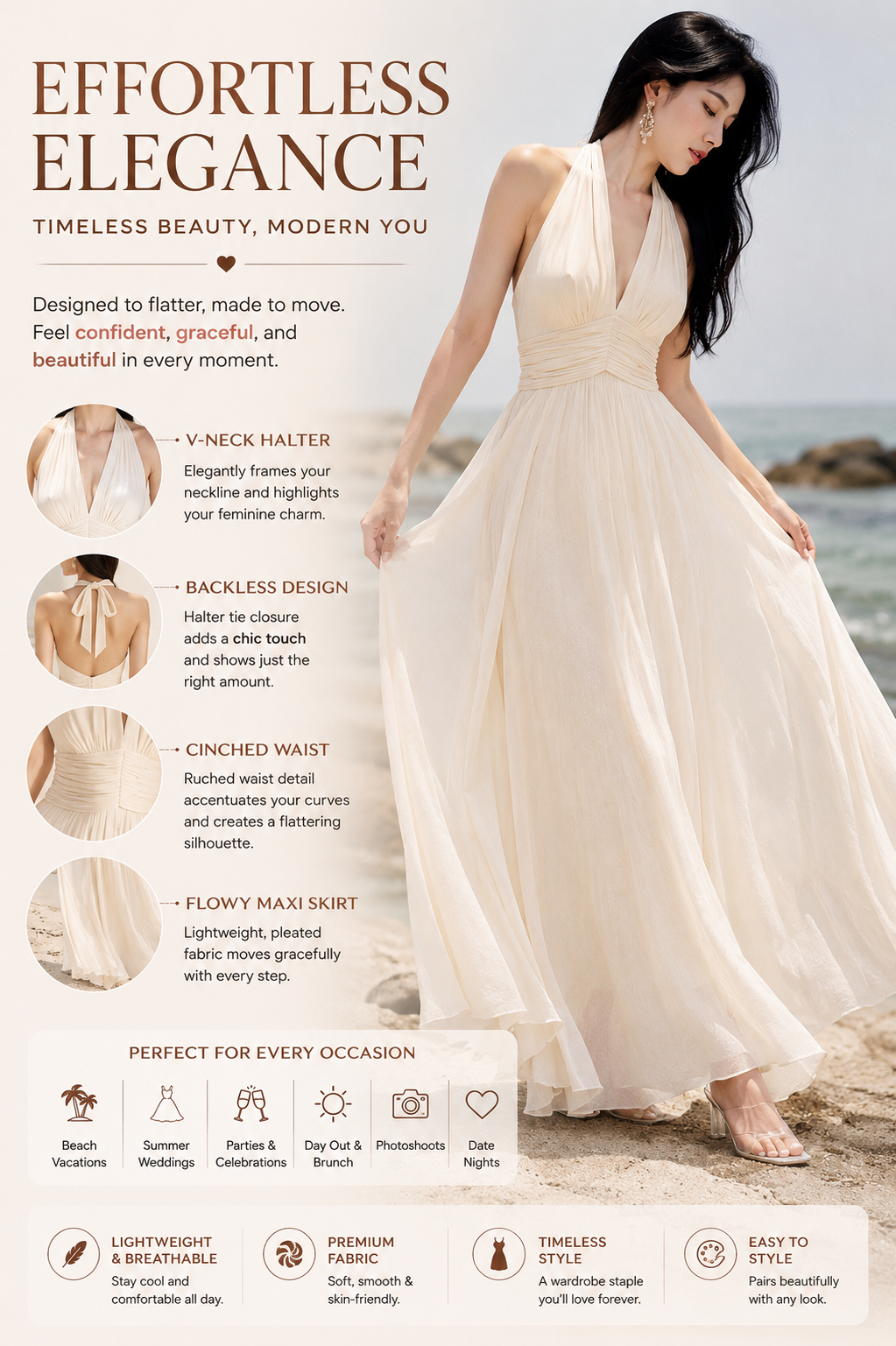 Off-White Halter Maxi Dress for Women – Elegant Sleeveless Backless Summer Dress