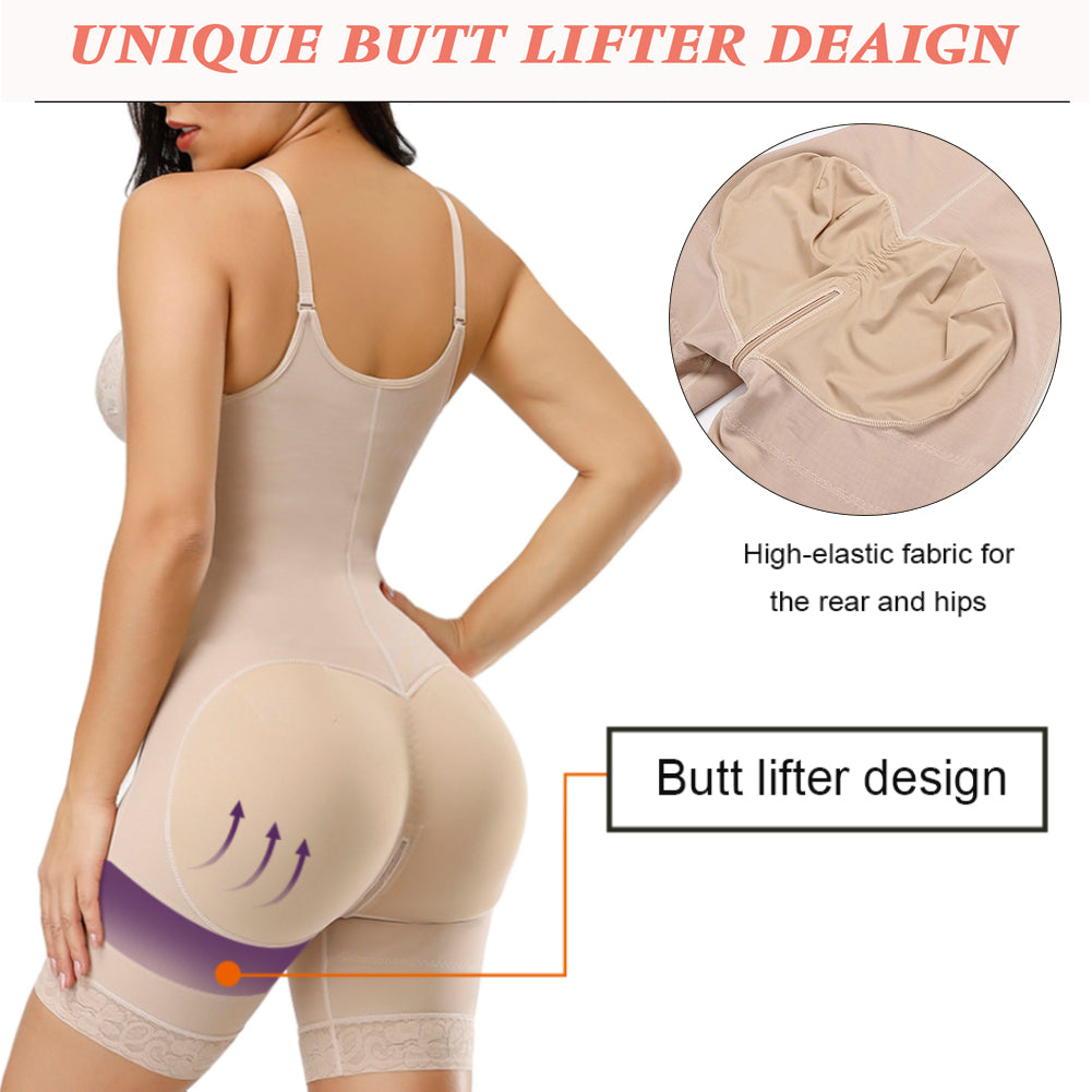 Beige body shaper with butt lifter design and high-elastic fabric details.