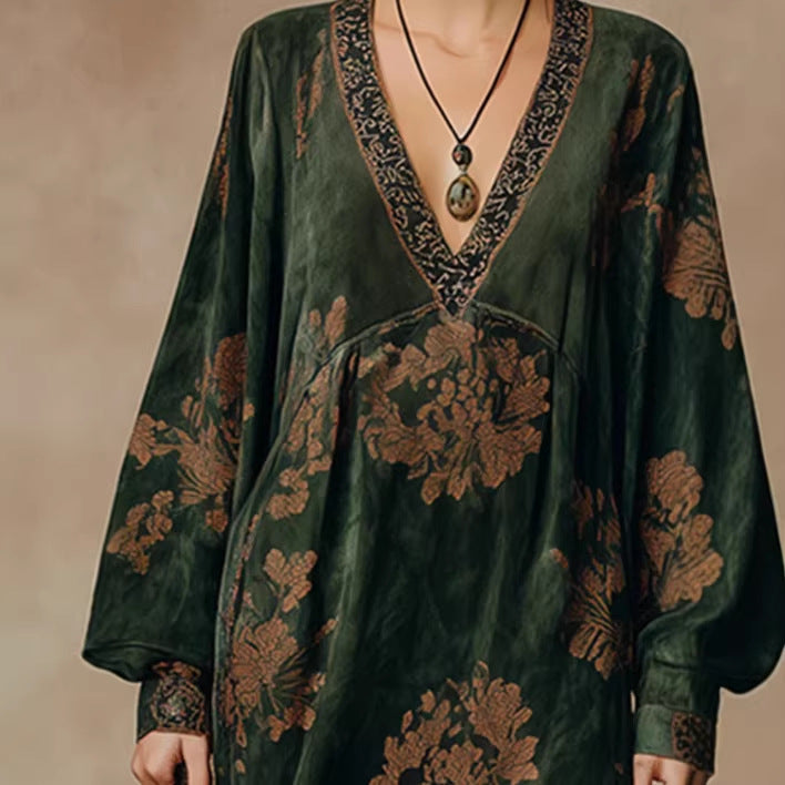 faux suede fringe detail on green printed maxi dress