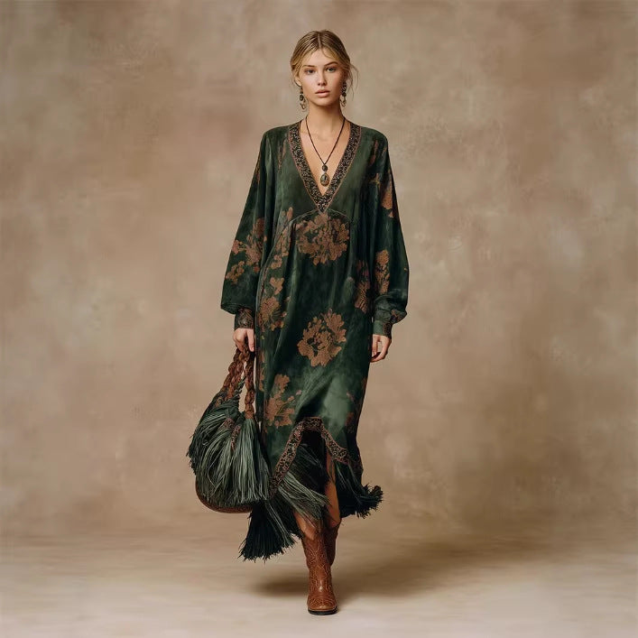 western wedding guest green fringe maxi dress for women