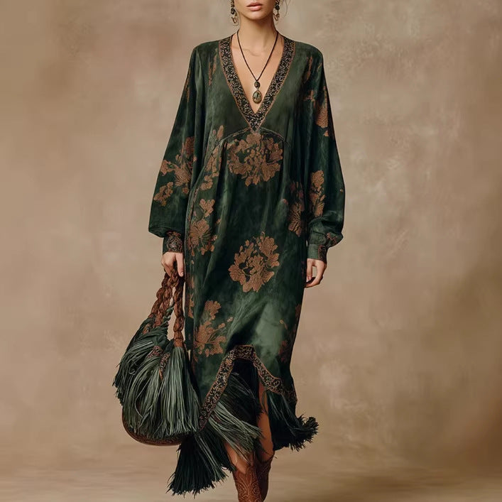 boho festival maxi dress in green faux suede fabric