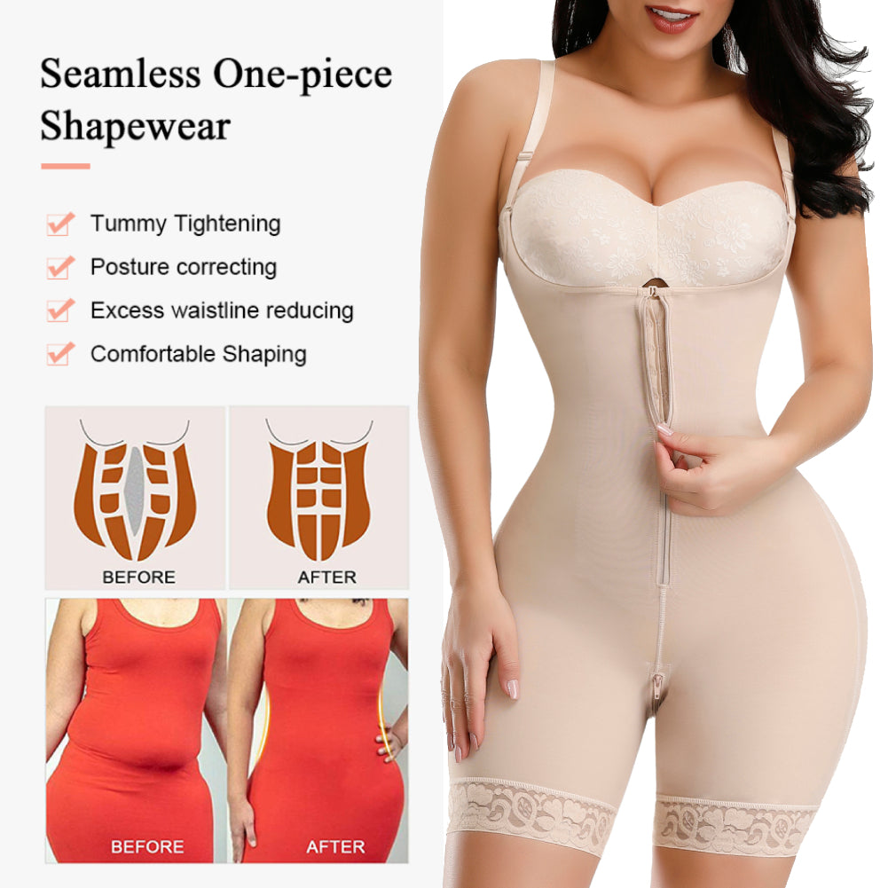 Beige one-piece shapewear with before and after effects on a white background