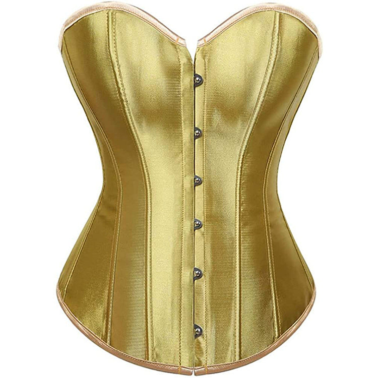 Laylace gold satin strapless corset top front view with boned structure and hook front closure