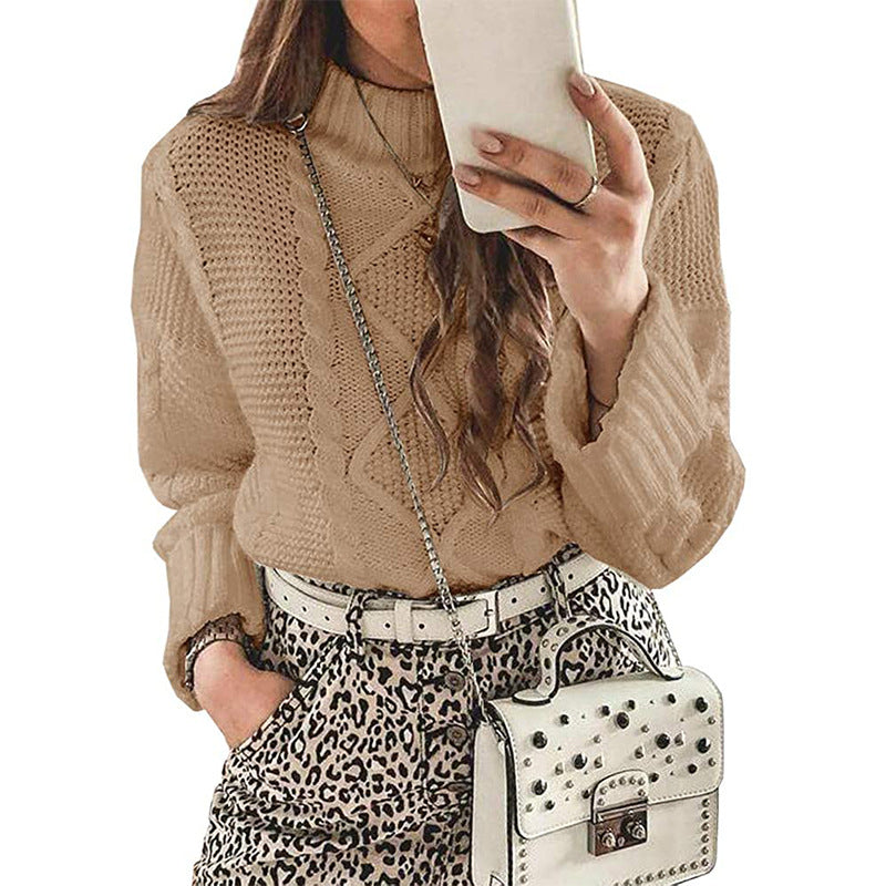 Laylace beige long-sleeve knit sweater with round neck and cable knit texture worn by a woman taking a mirror selfie