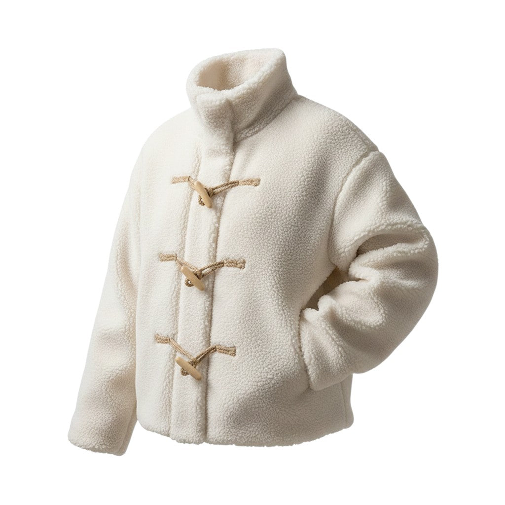 Laylace beige furry fleece coat with high collar and wooden horn toggle buttons for women's winter fashion