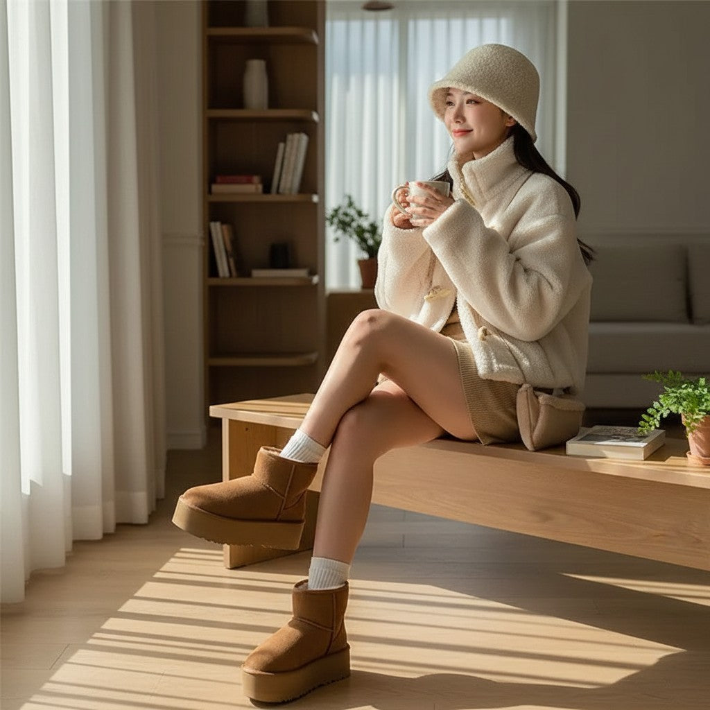 Laylace beige furry coat with horn buttons worn by a woman in a cozy sunlit room with a matching bucket hat