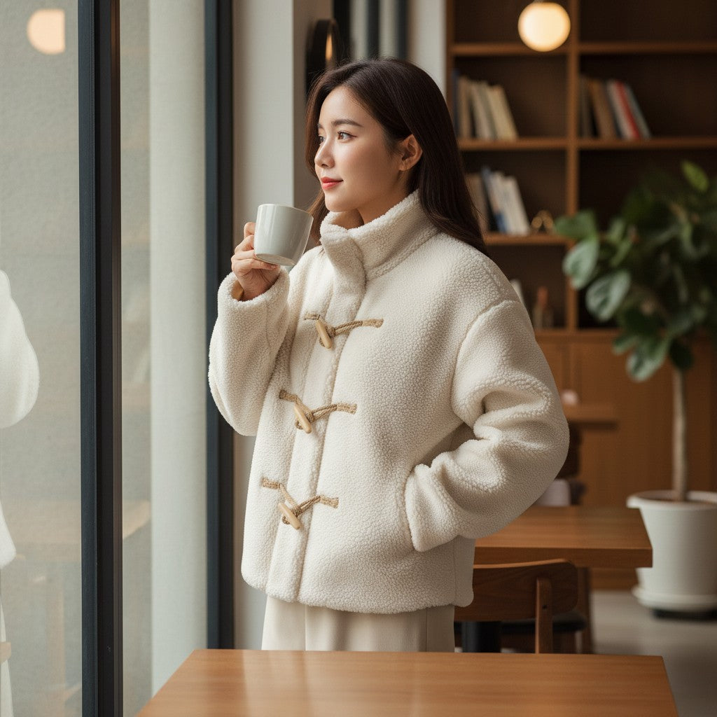 Laylace beige furry winter coat with horn buttons and long sleeves worn by a woman holding a mug in a cafe